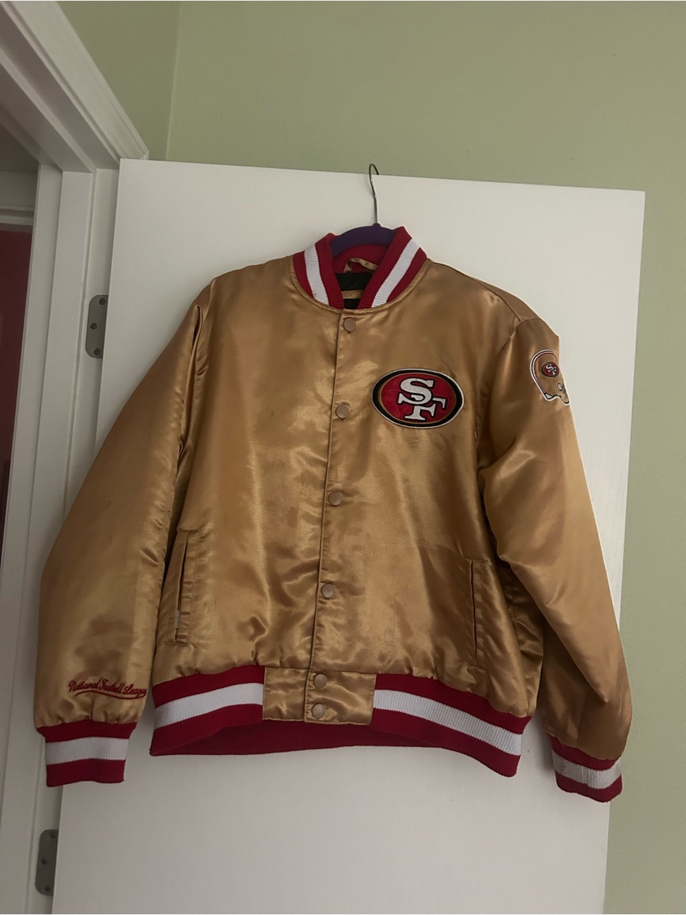 49ers vintage NFL Gold Satin Bomber Jacket with Red Trim